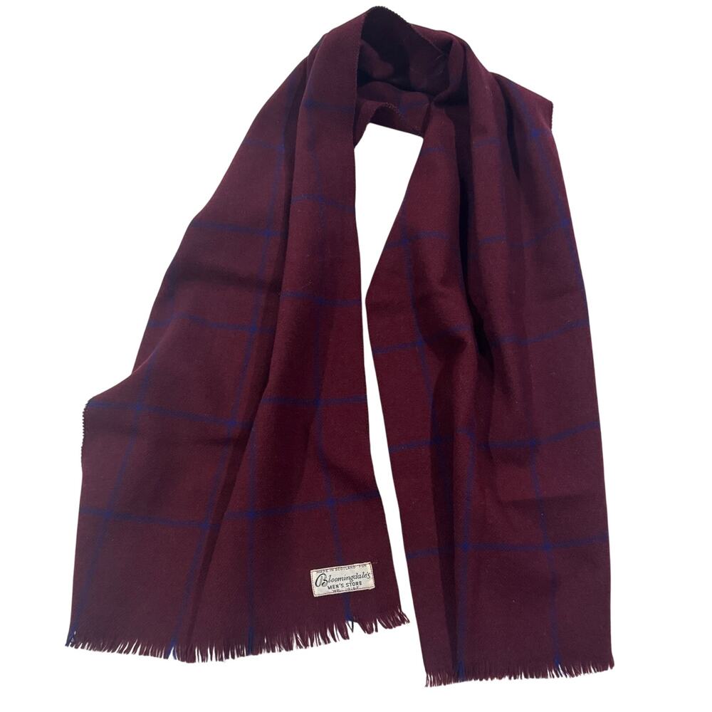Vintage Bloomingdales Mens Scarf Made in Scotland Wool Burgundy Blue Windowpane